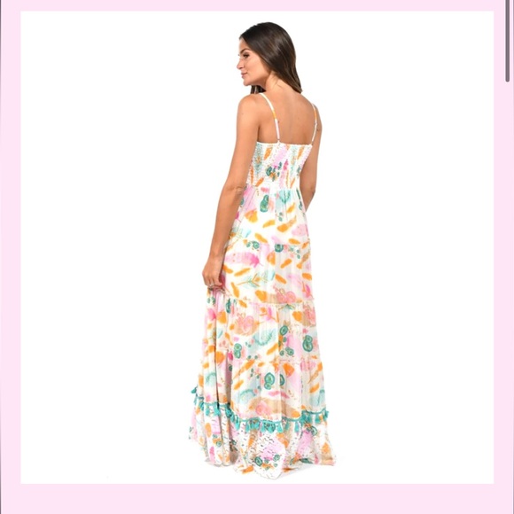 Gypsy Queen multi color maxi dress, tassel trim, smocked top, Small/Medium - Picture 3 of 9